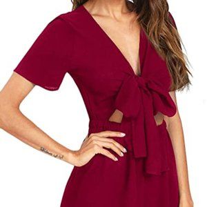 SweatyRocks Women's Sexy V Neck Self Tie Front Short Romper Jumpsuit Playsuit